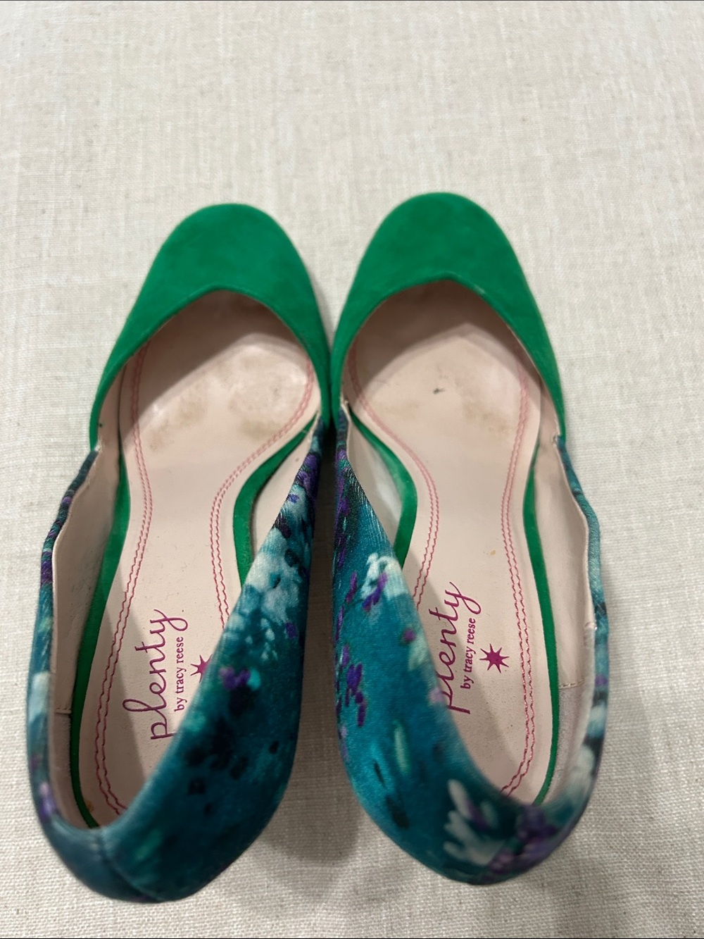 Plenty by Tracy Reese Hayden Floral Pump Emerald Green Suede Retro Cork Heel 38 - Picture 12 of 13